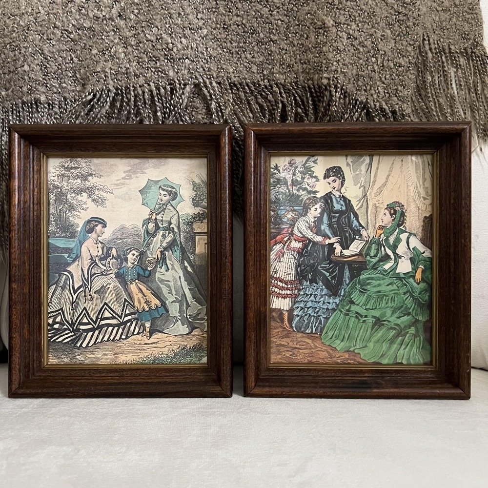Vintage Victorian Framed Prints Set of 2 Women Fashion Cottagecore Wall Art